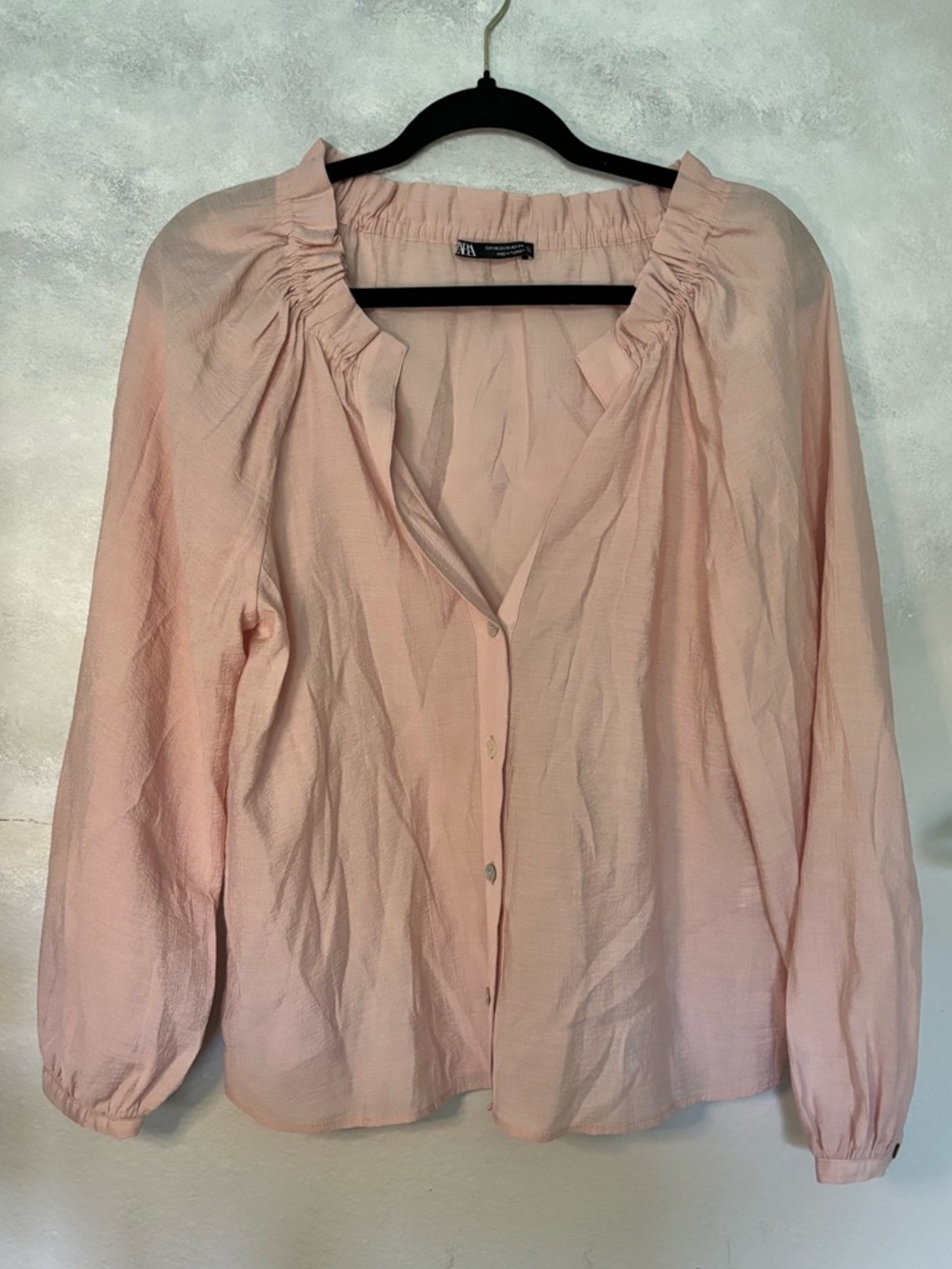 Zara Long Sleeve Ruffle V-neck Blouse Sheer Pink XS Relaxed Fit Button Down